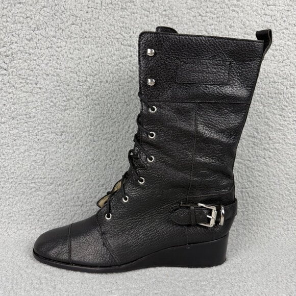 Michael Kors Boots Womens 9.5 Shoes Black Woodley Wedge Combat Moto Biker Calf - Picture 2 of 14